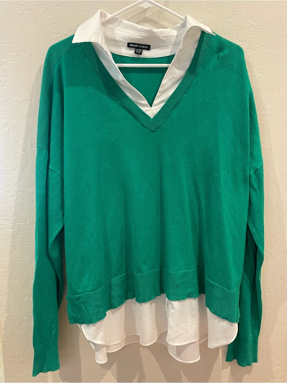 Hilary Radley Green V-Neck Layered Sweater with White Shirt Detail